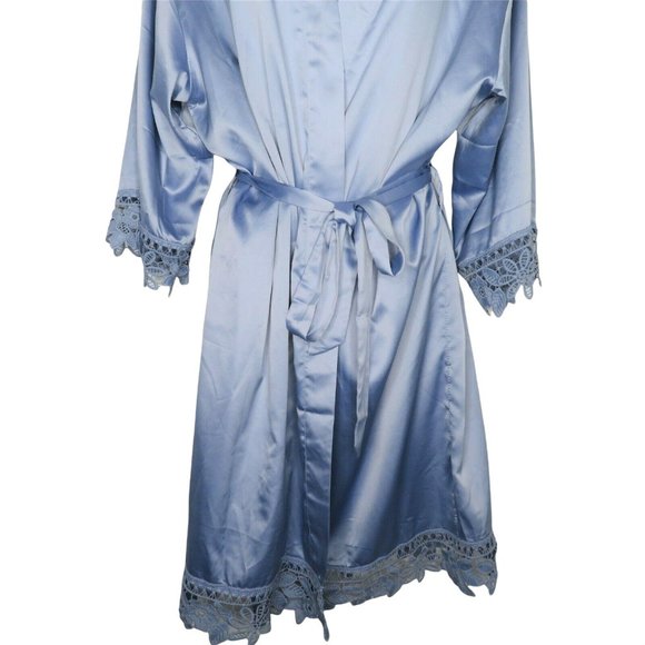 Vintage Blue Satin Dressing Bath Robe One Size Wide Lace Trim Knee Length Belted - Picture 6 of 12